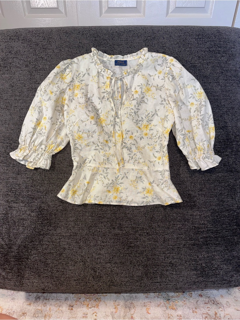 Polo Ralph Lauren White Floral Peplum Tie-Neck Blouse